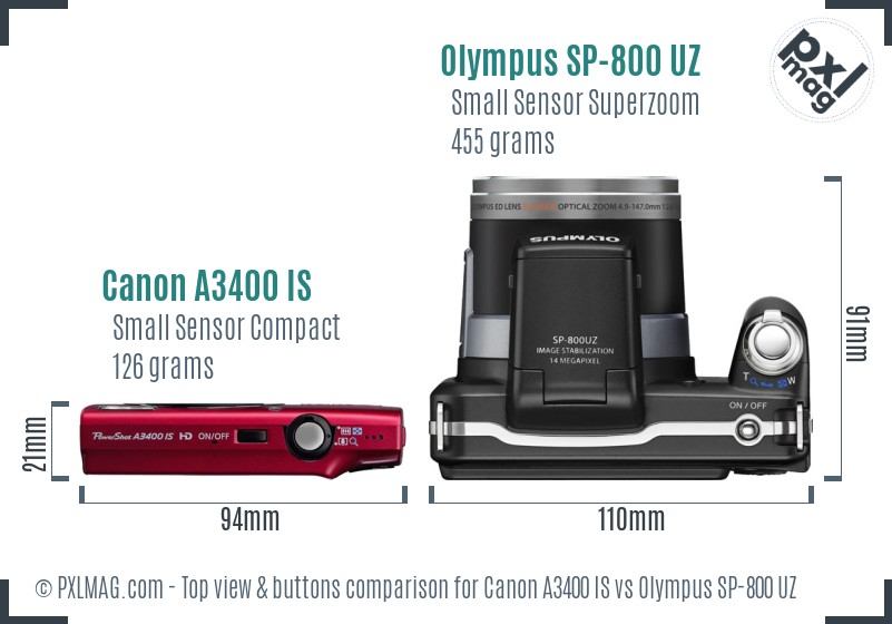 Canon A3400 IS vs Olympus SP-800 UZ top view buttons comparison