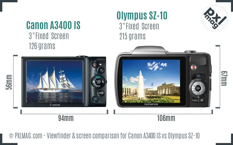 Canon A3400 IS vs Olympus SZ-10 Screen and Viewfinder comparison