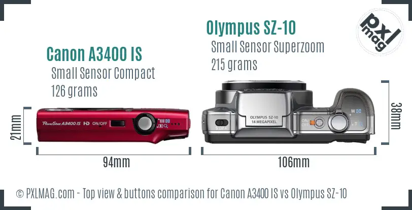 Canon A3400 IS vs Olympus SZ-10 top view buttons comparison