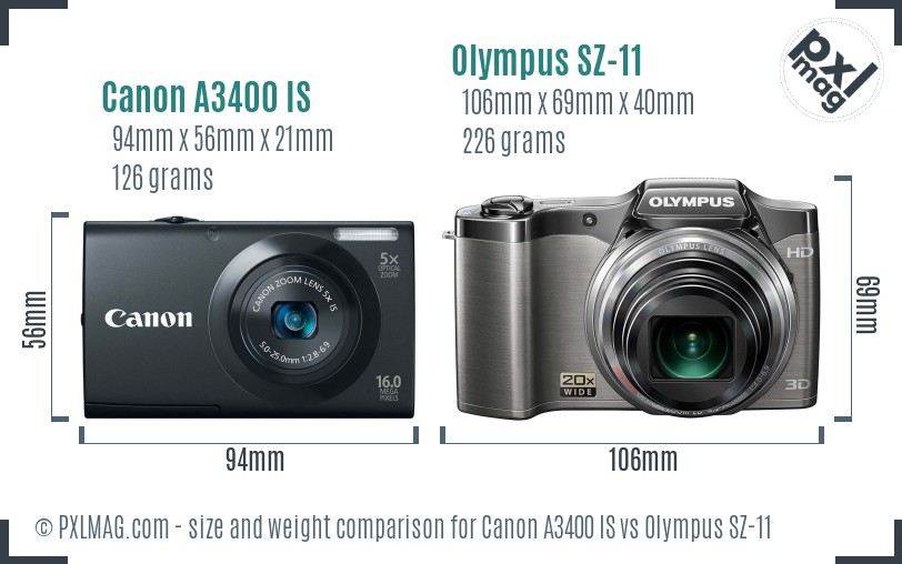 Canon A3400 IS vs Olympus SZ-11 size comparison