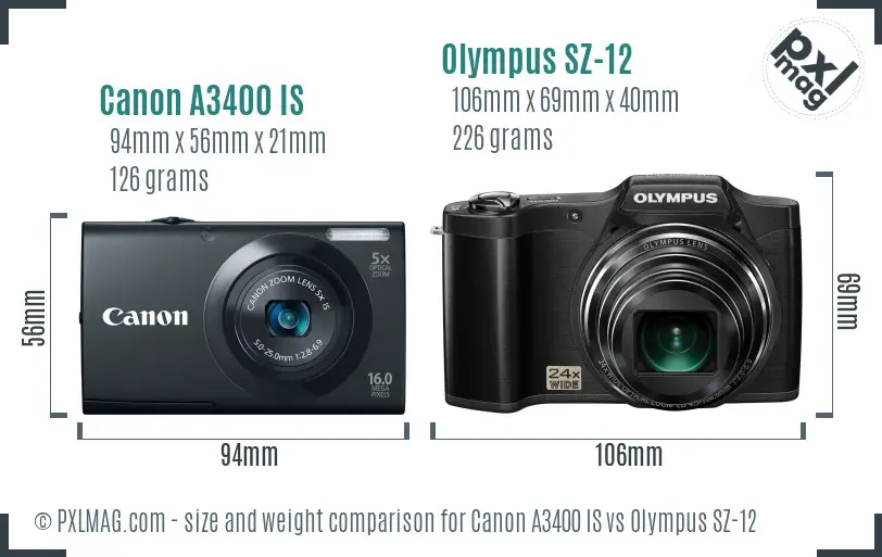 Canon A3400 IS vs Olympus SZ-12 size comparison