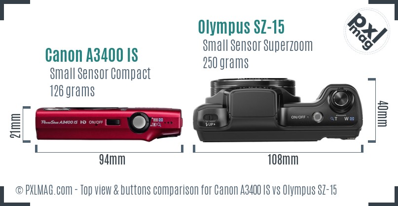 Canon A3400 IS vs Olympus SZ-15 top view buttons comparison