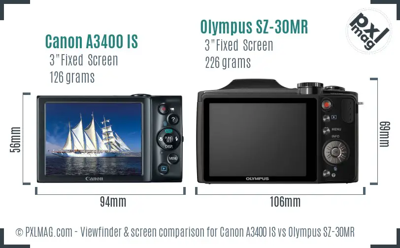 Canon A3400 IS vs Olympus SZ-30MR Screen and Viewfinder comparison