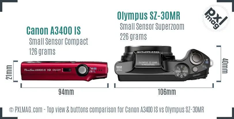 Canon A3400 IS vs Olympus SZ-30MR top view buttons comparison