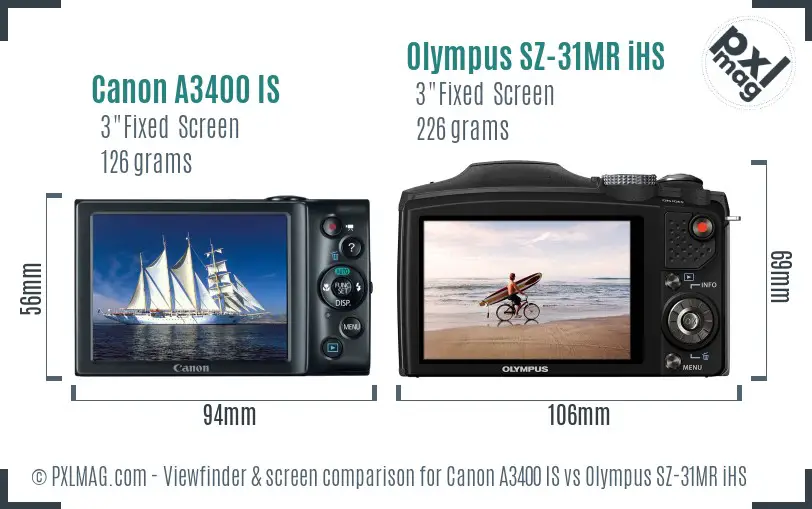 Canon A3400 IS vs Olympus SZ-31MR iHS Screen and Viewfinder comparison Canon A3400 IS vs Olympus SZ-31MR iHS Screen and Viewfinder comparison