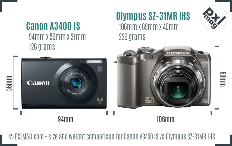 Canon A3400 IS vs Olympus SZ-31MR iHS size comparison Canon A3400 IS vs Olympus SZ-31MR iHS size comparison