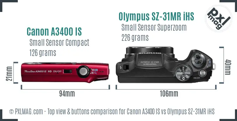 Canon A3400 IS vs Olympus SZ-31MR iHS top view buttons comparison Canon A3400 IS vs Olympus SZ-31MR iHS top view buttons comparison