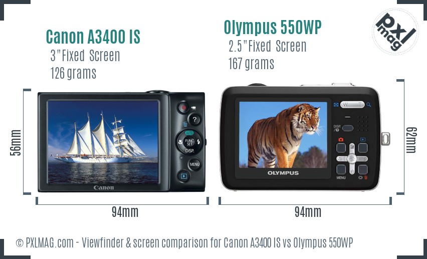 Canon A3400 IS vs Olympus 550WP Screen and Viewfinder comparison