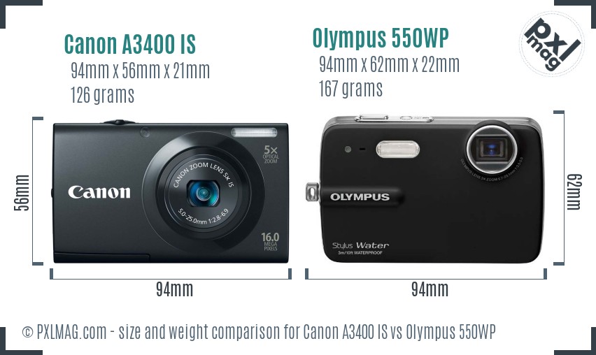 Canon A3400 IS vs Olympus 550WP size comparison Canon A3400 IS vs Olympus 550WP size comparison