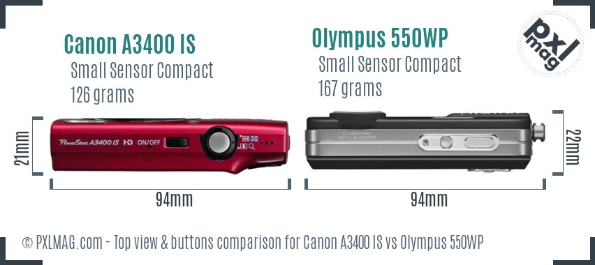 Canon A3400 IS vs Olympus 550WP top view buttons comparison
