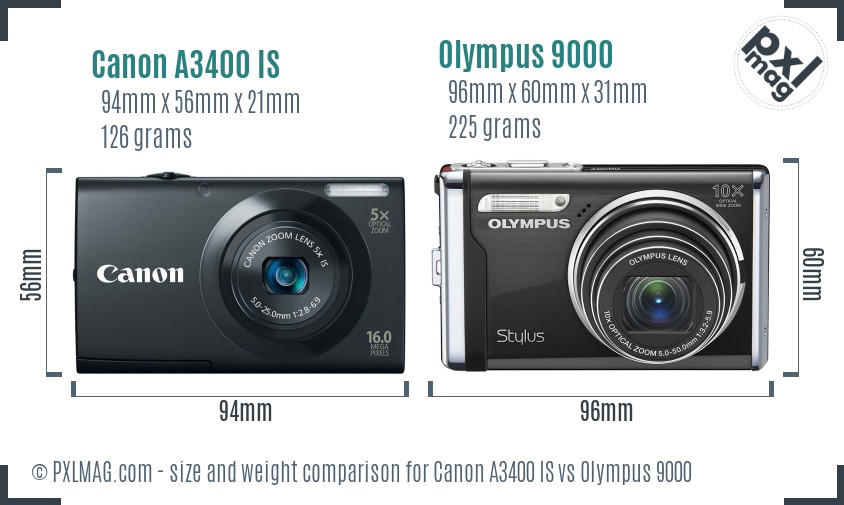 Canon A3400 IS vs Olympus 9000 size comparison