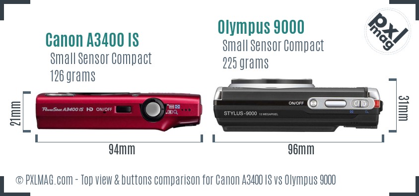 Canon A3400 IS vs Olympus 9000 top view buttons comparison