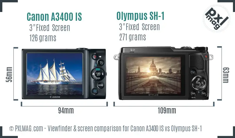 Canon A3400 IS vs Olympus SH-1 Screen and Viewfinder comparison