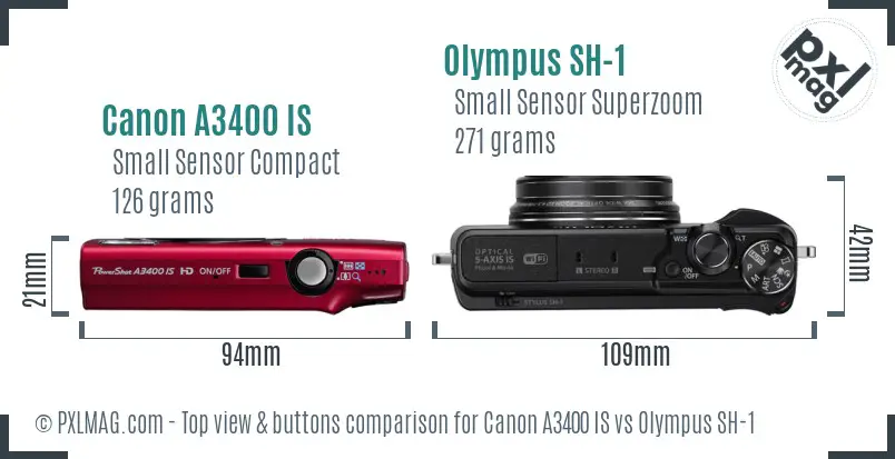 Canon A3400 IS vs Olympus SH-1 top view buttons comparison