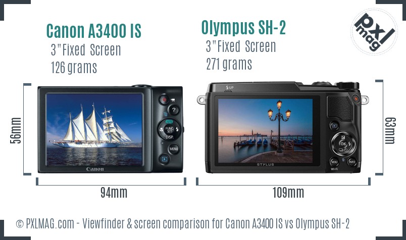 Canon A3400 IS vs Olympus SH-2 Screen and Viewfinder comparison