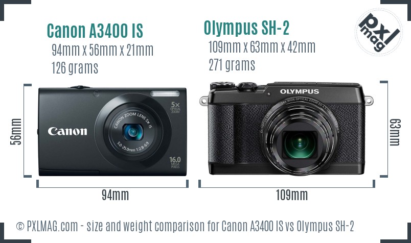 Canon A3400 IS vs Olympus SH-2 size comparison Canon A3400 IS vs Olympus SH-2 size comparison