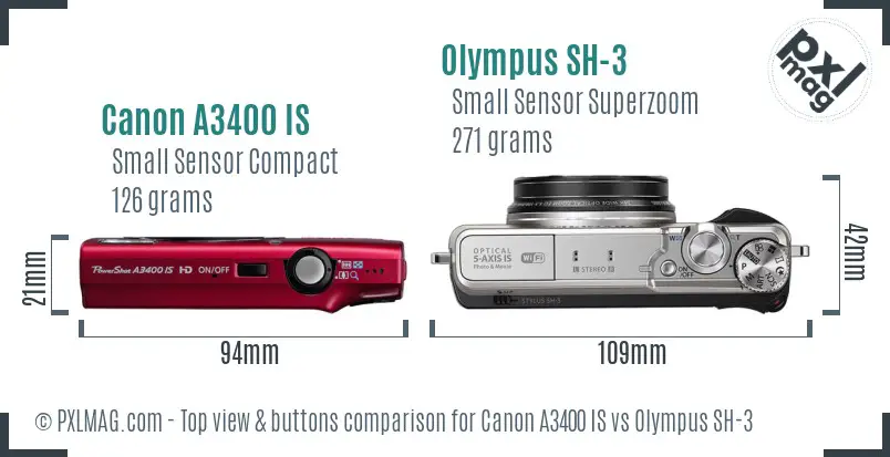Canon A3400 IS vs Olympus SH-3 top view buttons comparison Canon A3400 IS vs Olympus SH-3 top view buttons comparison