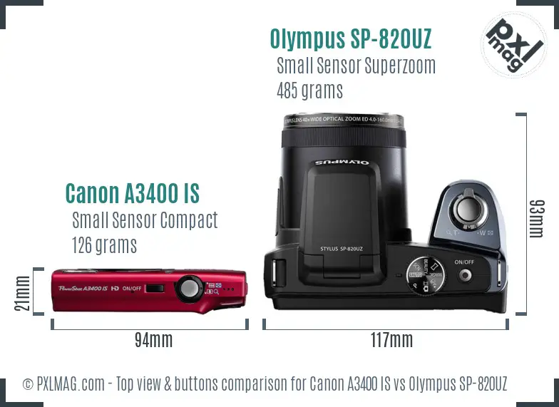 Canon A3400 IS vs Olympus SP-820UZ top view buttons comparison