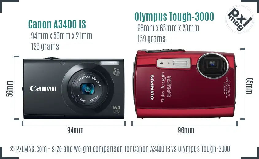 Canon A3400 IS vs Olympus Tough-3000 size comparison