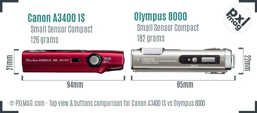 Canon A3400 IS vs Olympus 8000 top view buttons comparison Canon A3400 IS vs Olympus 8000 top view buttons comparison