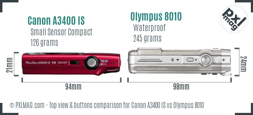 Canon A3400 IS vs Olympus 8010 top view buttons comparison Canon A3400 IS vs Olympus 8010 top view buttons comparison