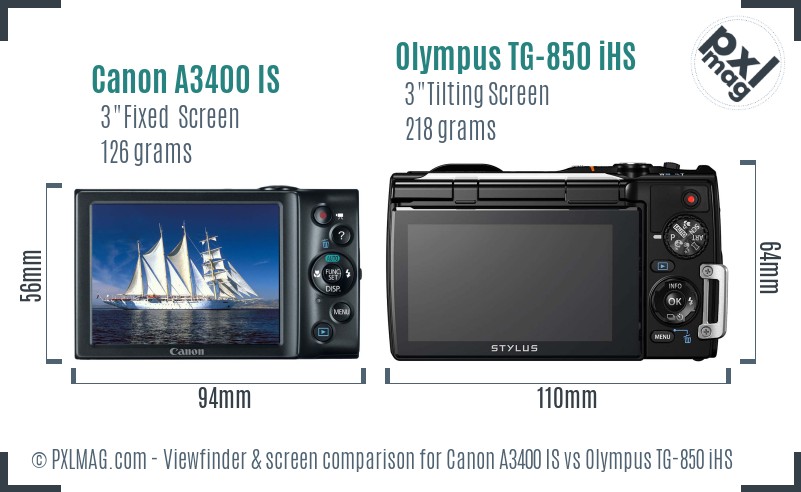 Canon A3400 IS vs Olympus TG-850 iHS Screen and Viewfinder comparison
