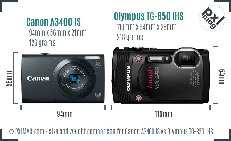 Canon A3400 IS vs Olympus TG-850 iHS size comparison Canon A3400 IS vs Olympus TG-850 iHS size comparison
