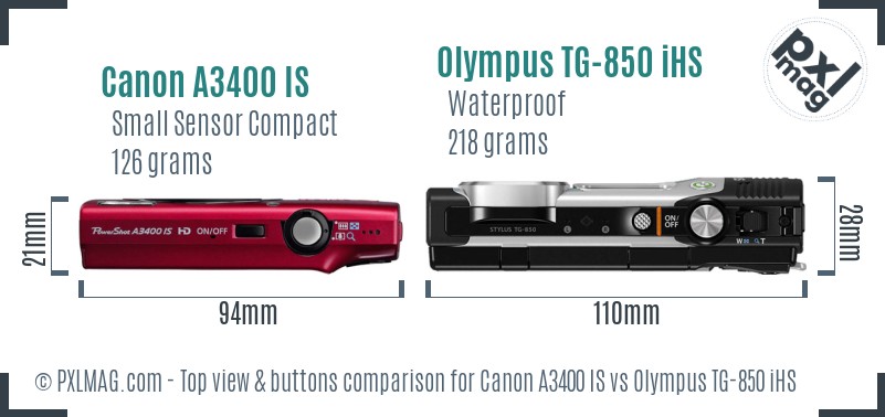 Canon A3400 IS vs Olympus TG-850 iHS top view buttons comparison