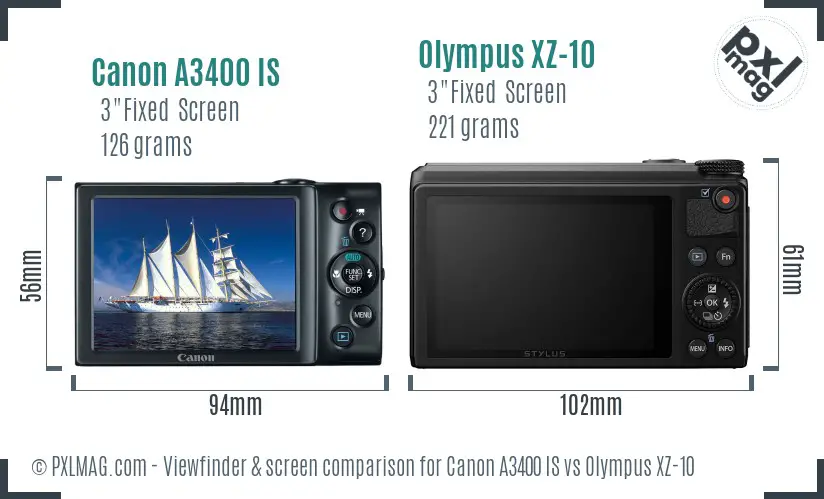 Canon A3400 IS vs Olympus XZ-10 Screen and Viewfinder comparison