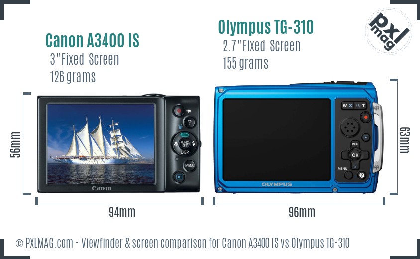 Canon A3400 IS vs Olympus TG-310 Screen and Viewfinder comparison