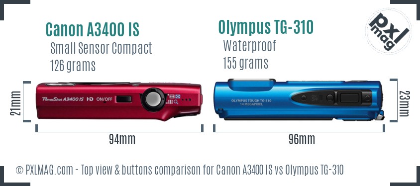 Canon A3400 IS vs Olympus TG-310 top view buttons comparison