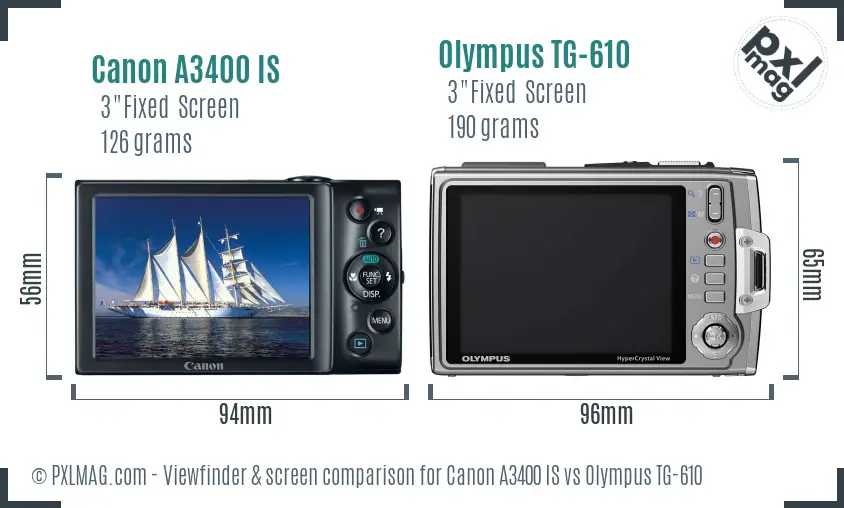 Canon A3400 IS vs Olympus TG-610 Screen and Viewfinder comparison