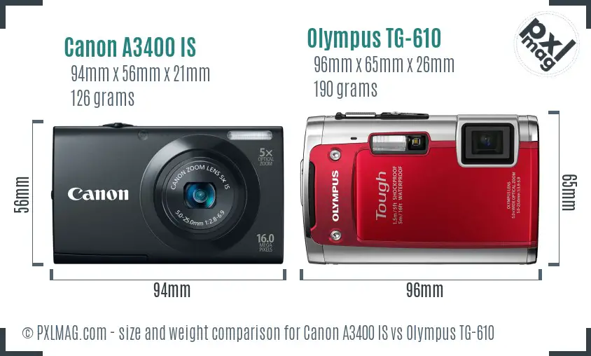 Canon A3400 IS vs Olympus TG-610 size comparison