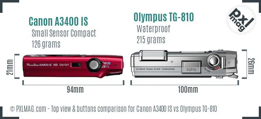 Canon A3400 IS vs Olympus TG-810 top view buttons comparison