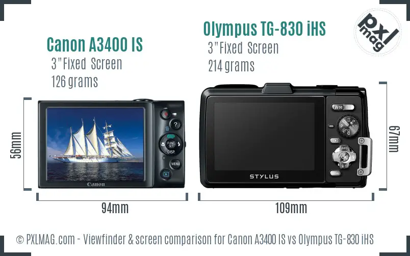 Canon A3400 IS vs Olympus TG-830 iHS Screen and Viewfinder comparison