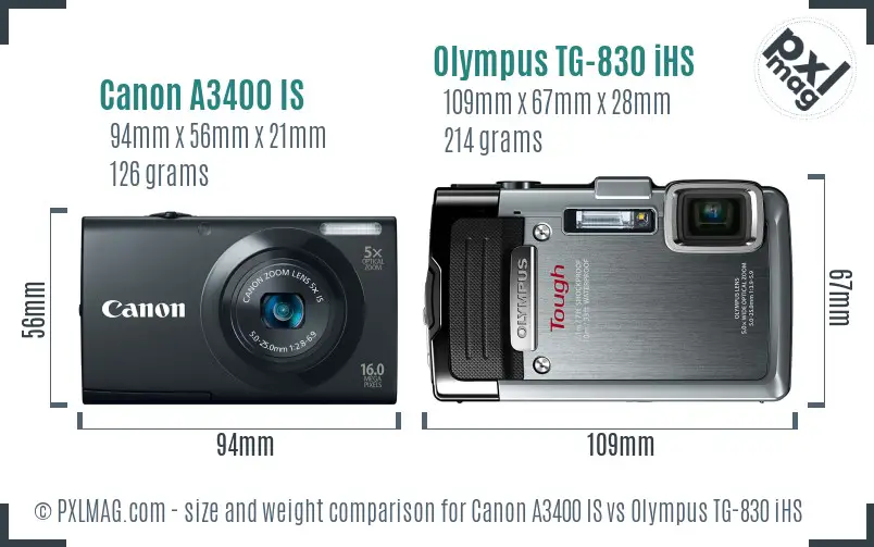 Canon A3400 IS vs Olympus TG-830 iHS size comparison