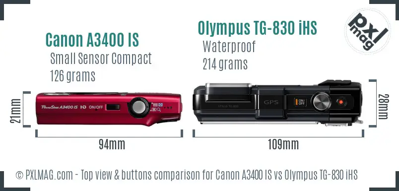 Canon A3400 IS vs Olympus TG-830 iHS top view buttons comparison