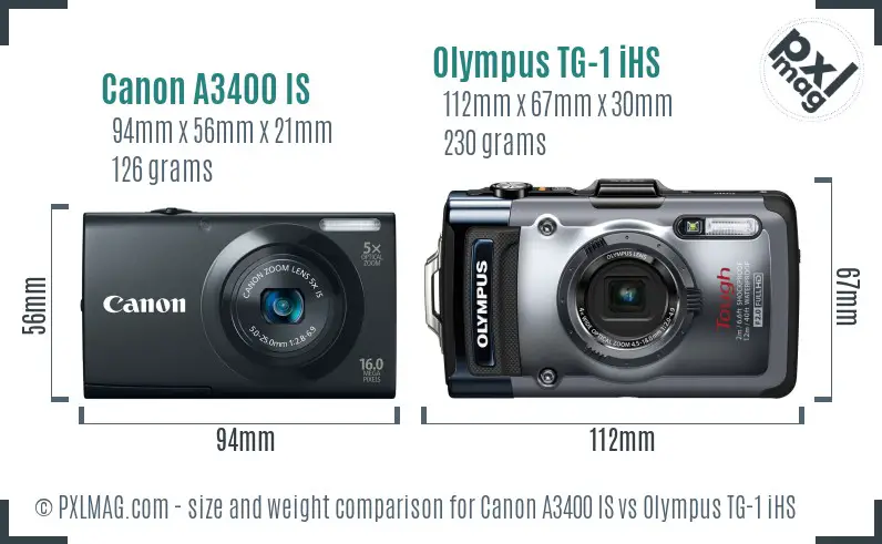 Canon A3400 IS vs Olympus TG-1 iHS size comparison Canon A3400 IS vs Olympus TG-1 iHS size comparison