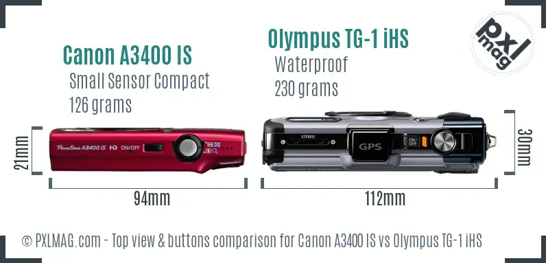 Canon A3400 IS vs Olympus TG-1 iHS top view buttons comparison Canon A3400 IS vs Olympus TG-1 iHS top view buttons comparison