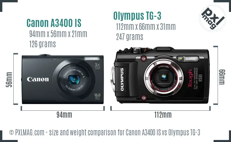 Canon A3400 IS vs Olympus TG-3 size comparison
