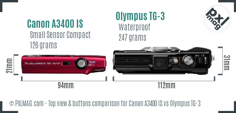 Canon A3400 IS vs Olympus TG-3 top view buttons comparison