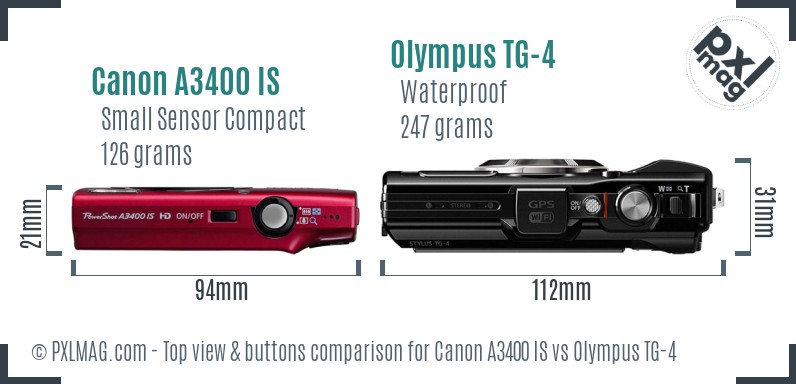 Canon A3400 IS vs Olympus TG-4 top view buttons comparison