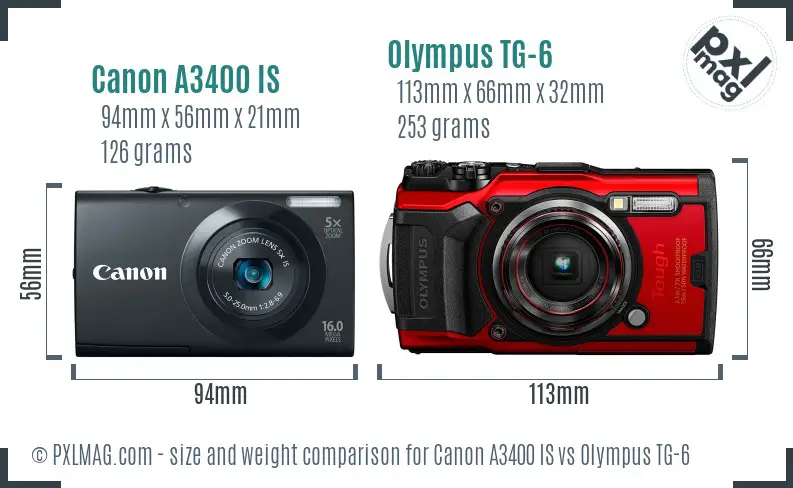 Canon A3400 IS vs Olympus TG-6 size comparison