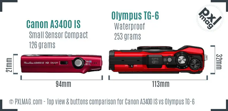 Canon A3400 IS vs Olympus TG-6 top view buttons comparison