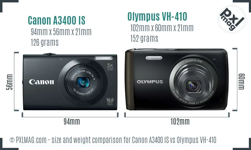 Canon A3400 IS vs Olympus VH-410 size comparison Canon A3400 IS vs Olympus VH-410 size comparison