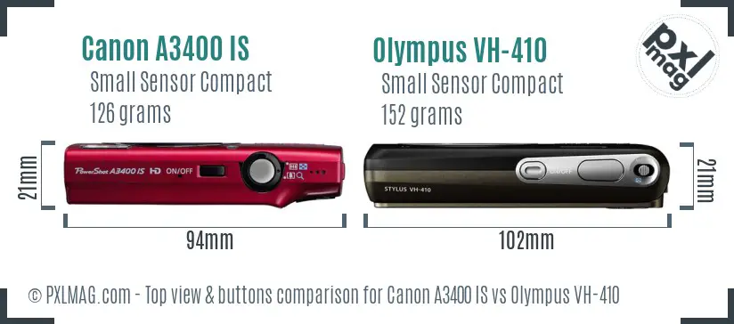 Canon A3400 IS vs Olympus VH-410 top view buttons comparison Canon A3400 IS vs Olympus VH-410 top view buttons comparison