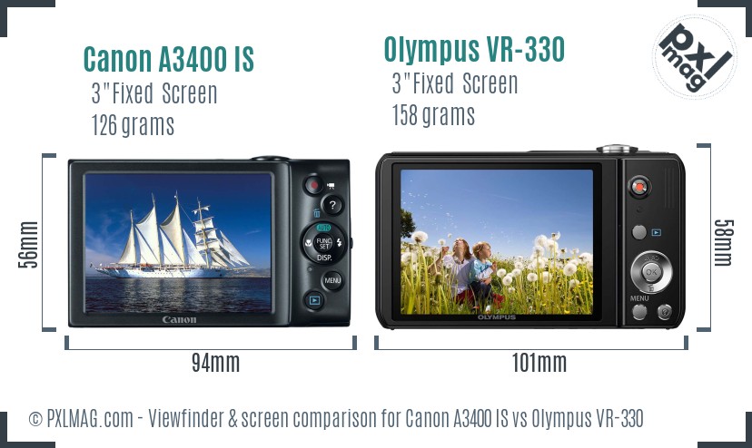 Canon A3400 IS vs Olympus VR-330 Screen and Viewfinder comparison