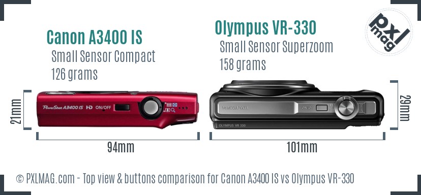 Canon A3400 IS vs Olympus VR-330 top view buttons comparison