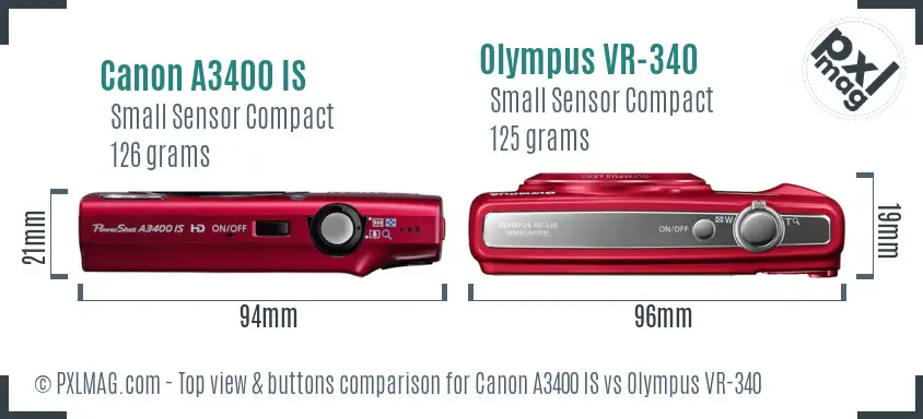 Canon A3400 IS vs Olympus VR-340 top view buttons comparison Canon A3400 IS vs Olympus VR-340 top view buttons comparison