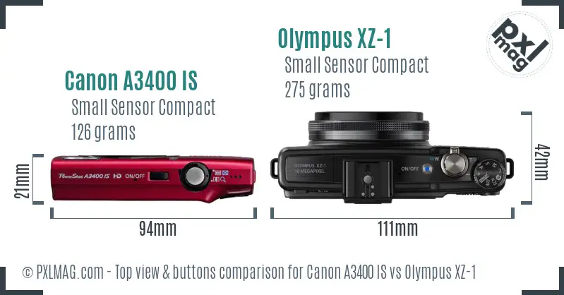 Canon A3400 IS vs Olympus XZ-1 top view buttons comparison